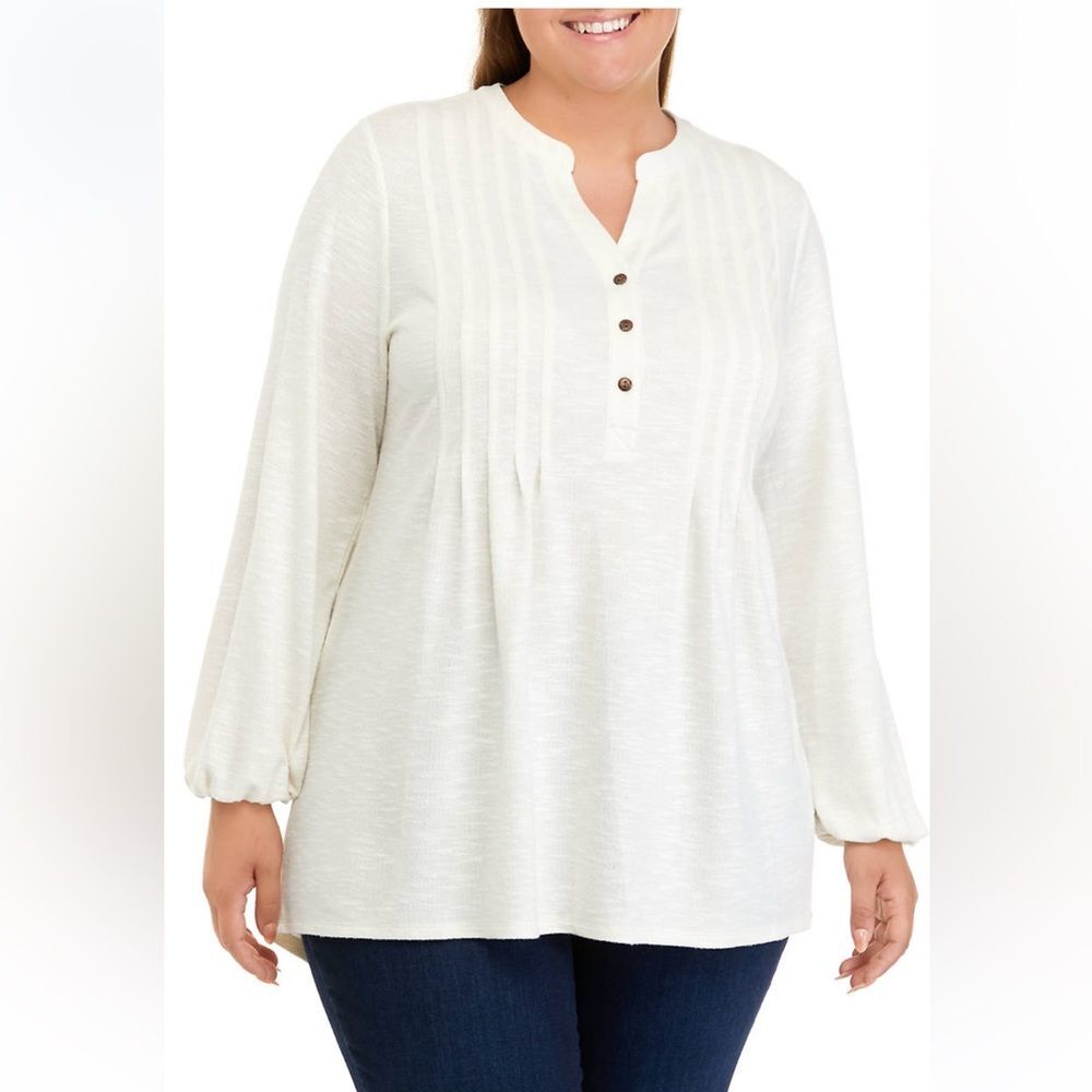 Wonderly Plus Size Long Blouson Sleeve Tunic Henley Shirt